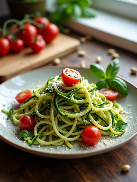 zucchini noodles topped with pesto