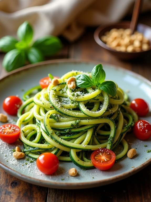 zucchini noodles topped with pesto