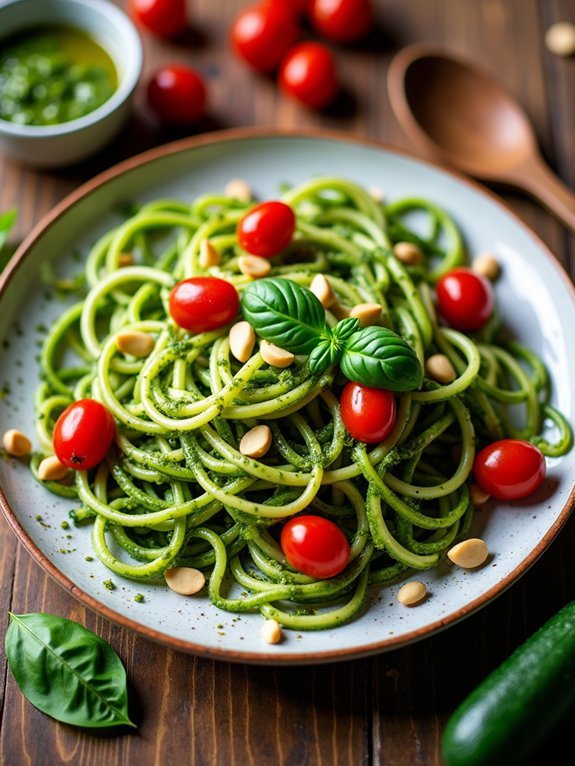 zucchini noodles topped with pesto