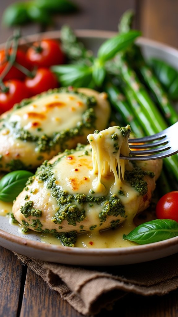 pesto coated chicken with mozzarella